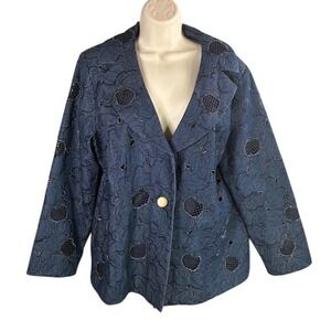 Boho Chic Blazer Womens Size 14 Embroidered Floral Retro Blue Denim Artsy